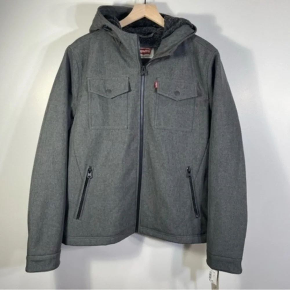 Levi's Men's Soft Shell Hooded Storm Coat Gray Lightweight Hooded Jacket - Picture 2 of 13